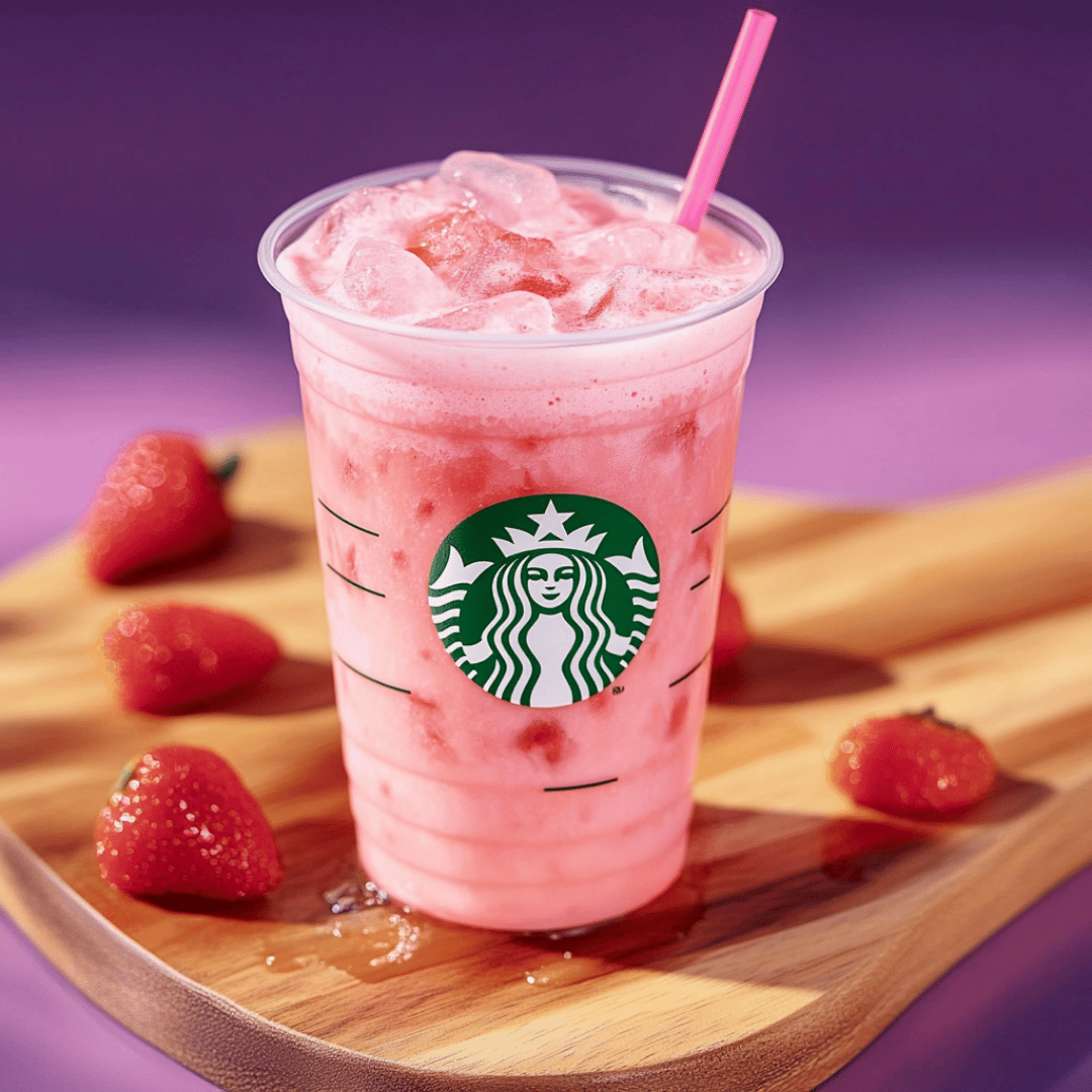 Vibrant Starbucks Pink Drink on Wooden Tray Starbucks Pink Drink with strawberries and ice in a clear cup on a wooden board with purple background
