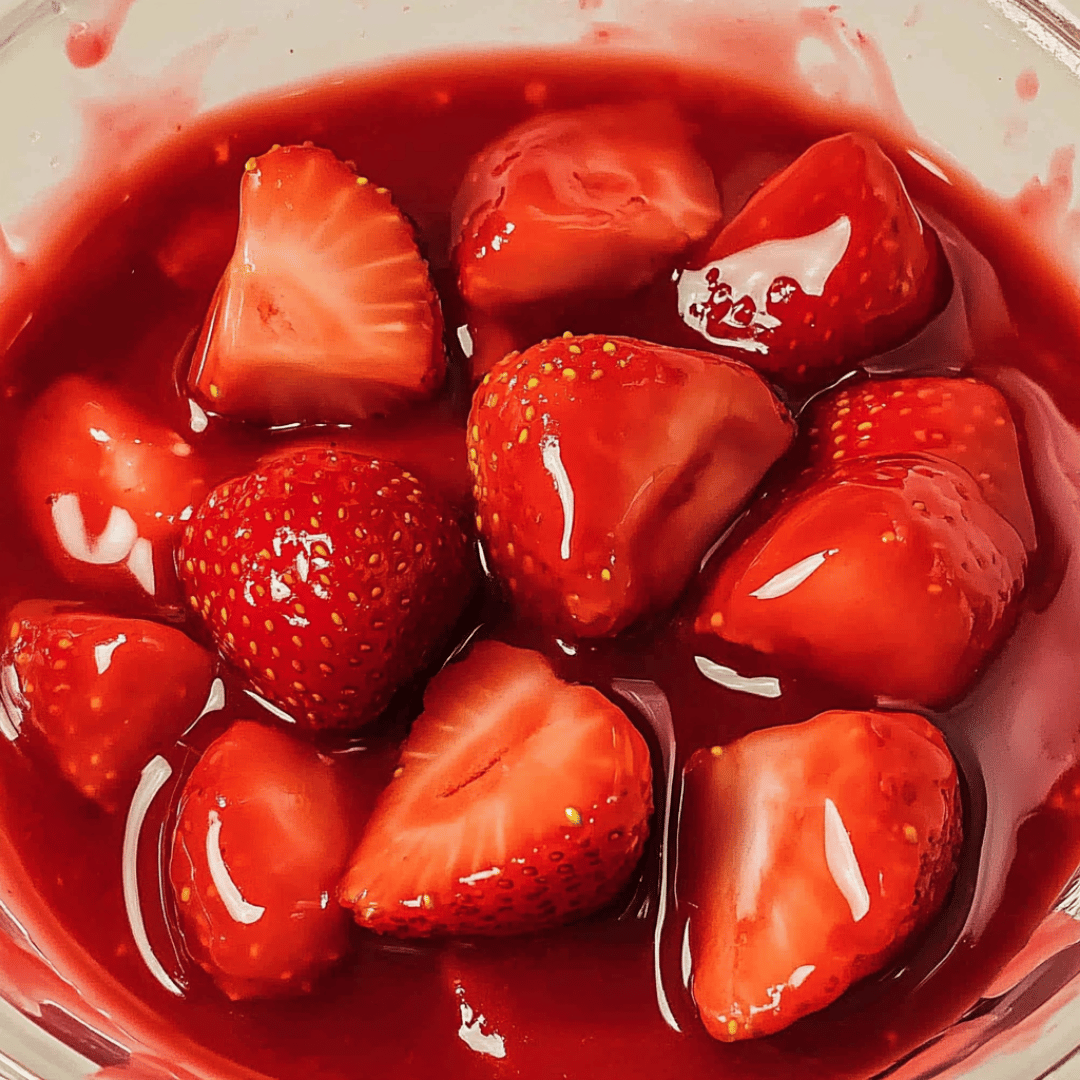 Glossy strawberry glaze with fresh halved strawberries in a rich, red sauce.