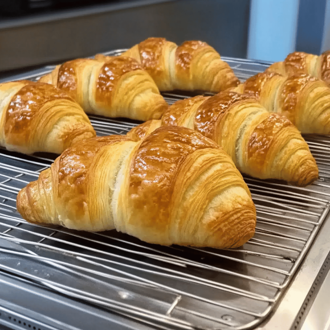 Freshly baked Gipfeli pastries on a wire rack – perfect result from this traditional Gipfeli recipe