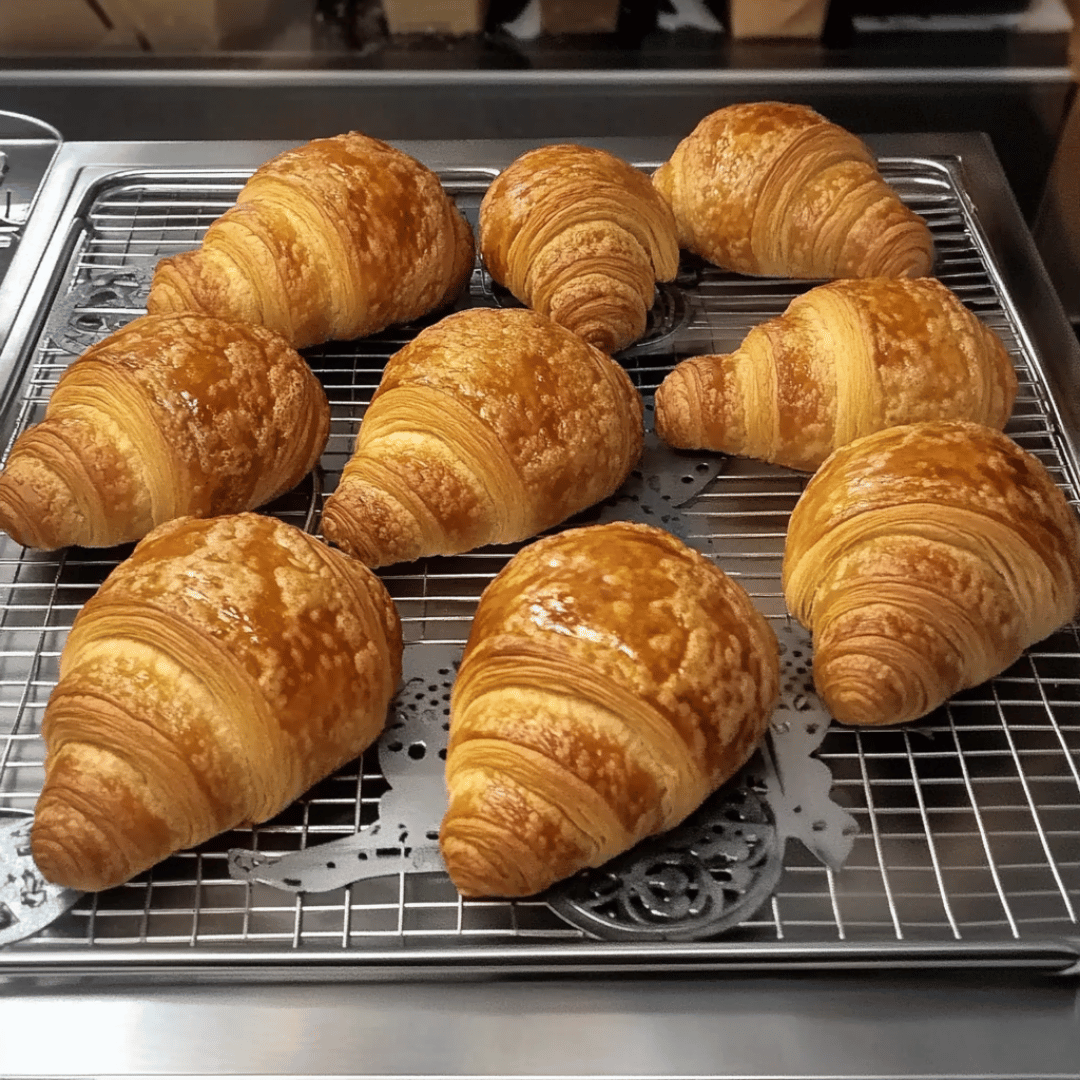 Traditional Swiss Gipfeli – Golden, Flaky, and Freshly Baked Crispy and flaky Swiss Gipfeli pastries resting on a wire cooling rack