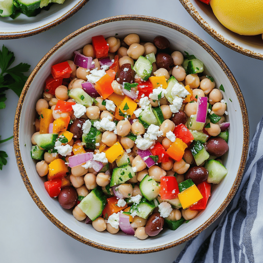 Colorful dense bean salad with chickpeas, olives, cucumbers, bell peppers, red onions, and vegan feta in a bowl