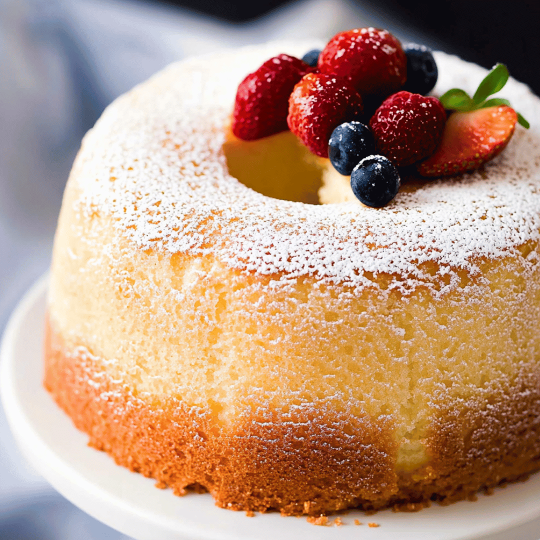 Golden brown angel food cake topped with powdered sugar and fresh berries.