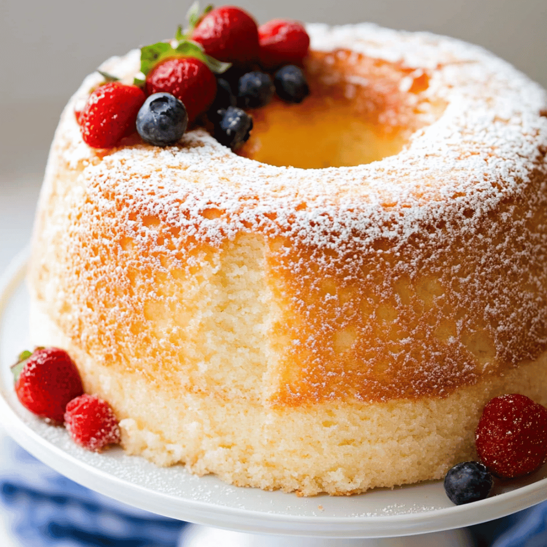 Classic Angel Food Cake with Fresh Berries Fluffy angel food cake dusted with powdered sugar and garnished with strawberries and blueberries.