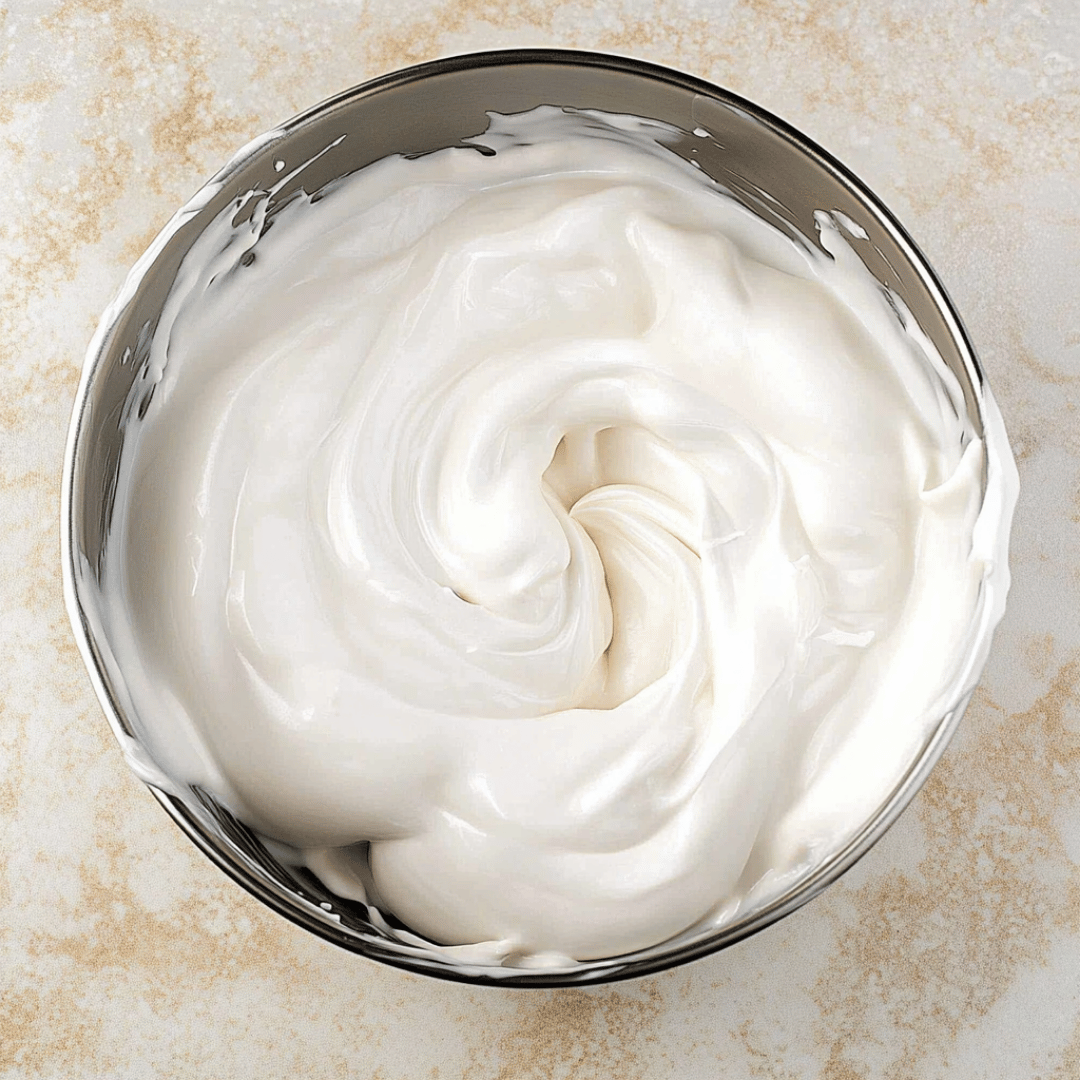 Whipped Egg Whites for Angel Food Cake Soft peaks of whipped egg whites in a mixing bowl, ready for angel food cake batter.