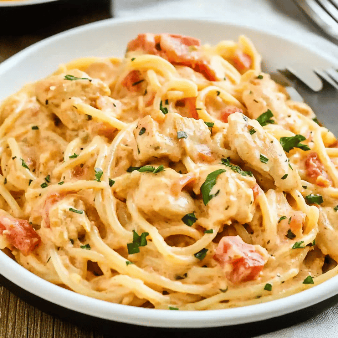 Hearty and Creamy Chicken Spaghetti Cheesy chicken spaghetti on a plate with tomatoes and herbs