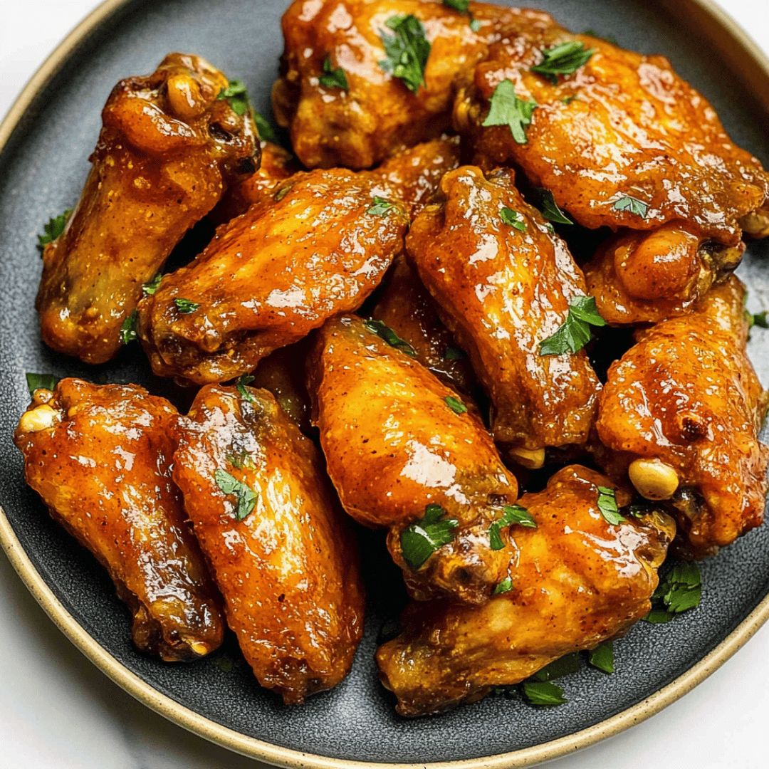 Chicken Wings Recipe with Cowboy Butter – Close-Up View Close-up of cowboy butter chicken wings on a black plate.