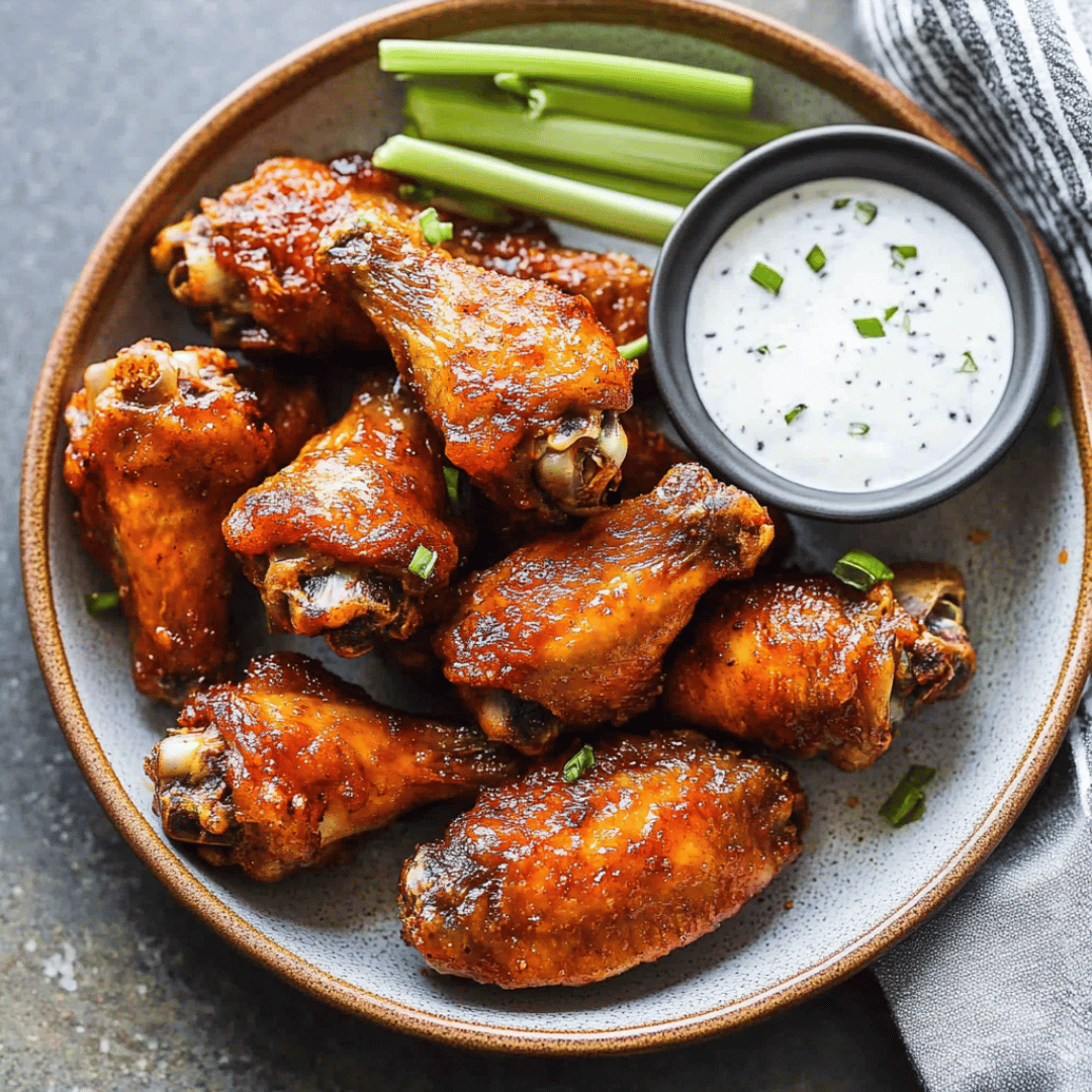 Chicken Wings Recipes – Baked Drumettes with Ranch and Celery Baked chicken drumettes with ranch dip and celery sticks on a ceramic plate