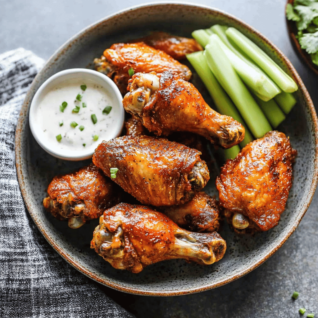 Chicken Wings Recipes – Spicy Baked Wings on Black Platter Spicy baked chicken wings served with ranch dressing and celery on a black platter