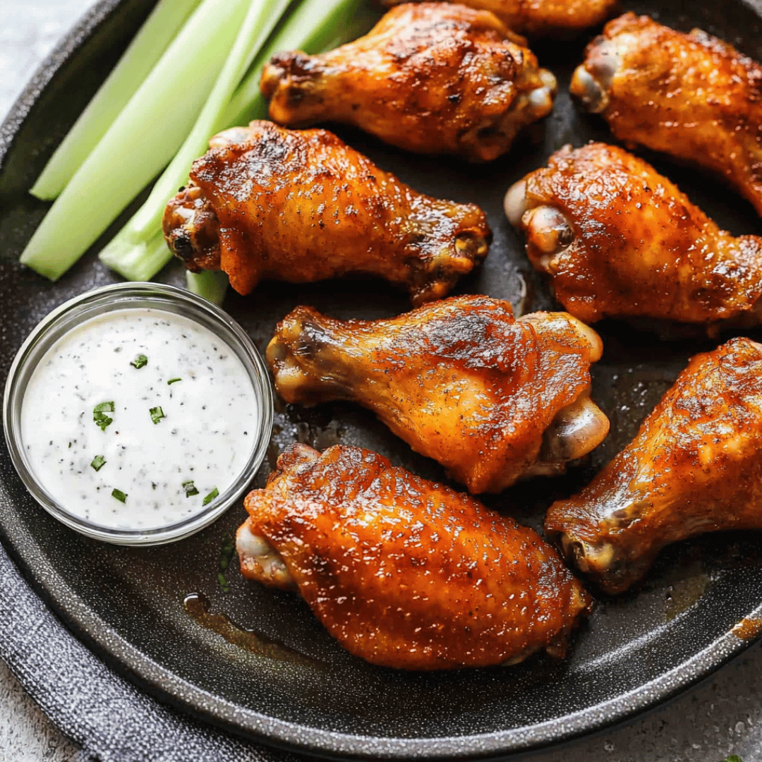 Crispy baked chicken wings served with ranch dip and celery sticks