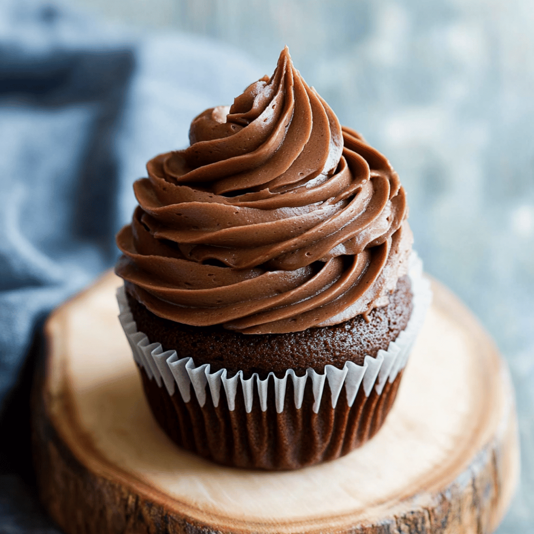 Chocolate cupcake topped with rich, swirled chocolate frosting on a rustic wood slice.