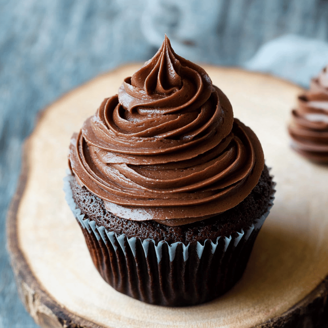 Classic Chocolate Frosting Swirl on Cupcake Moist chocolate cupcake with smooth chocolate frosting piped in a classic swirl.