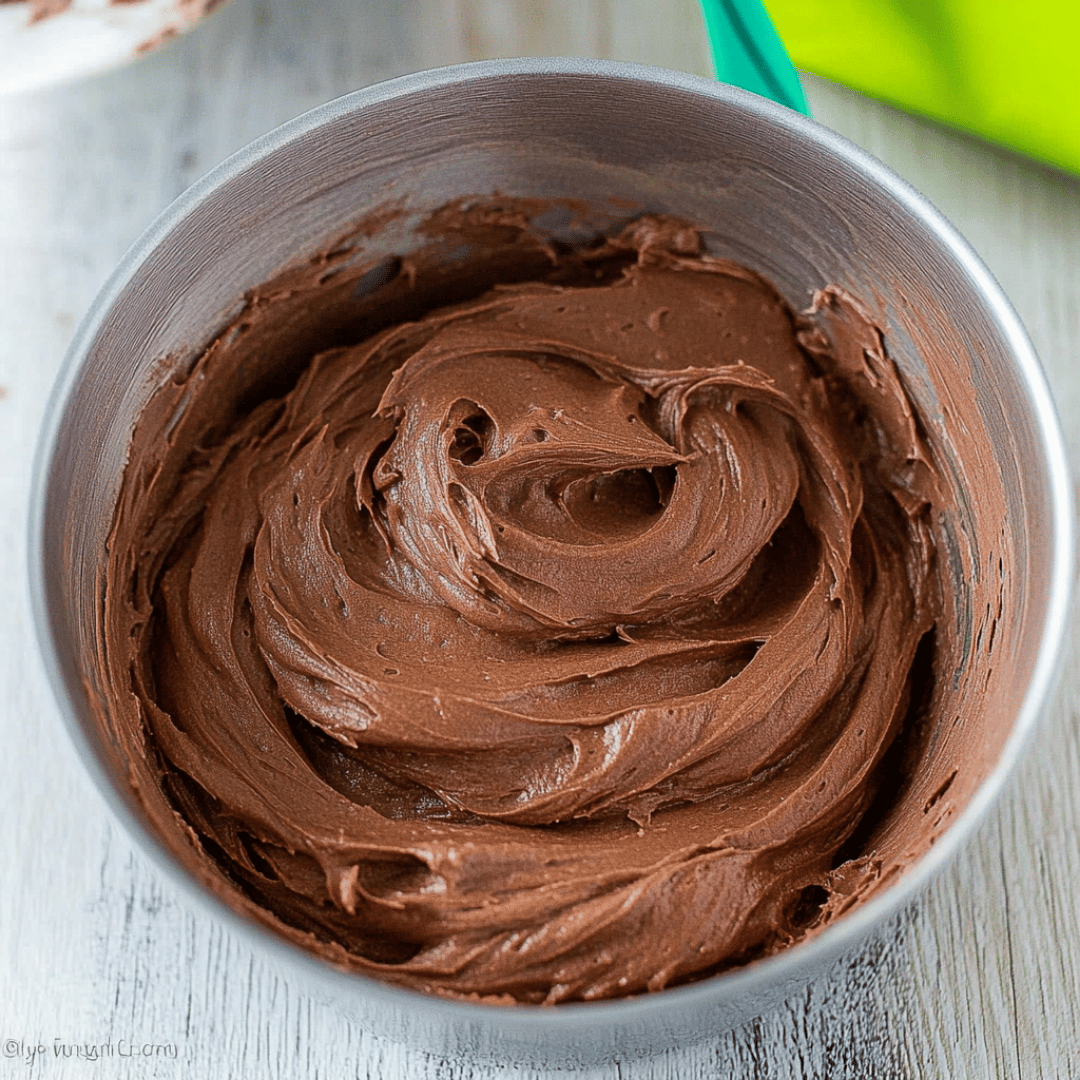 Creamy Chocolate Frosting in Mixing Bowl Freshly whipped chocolate frosting in a stainless steel mixing bowl.