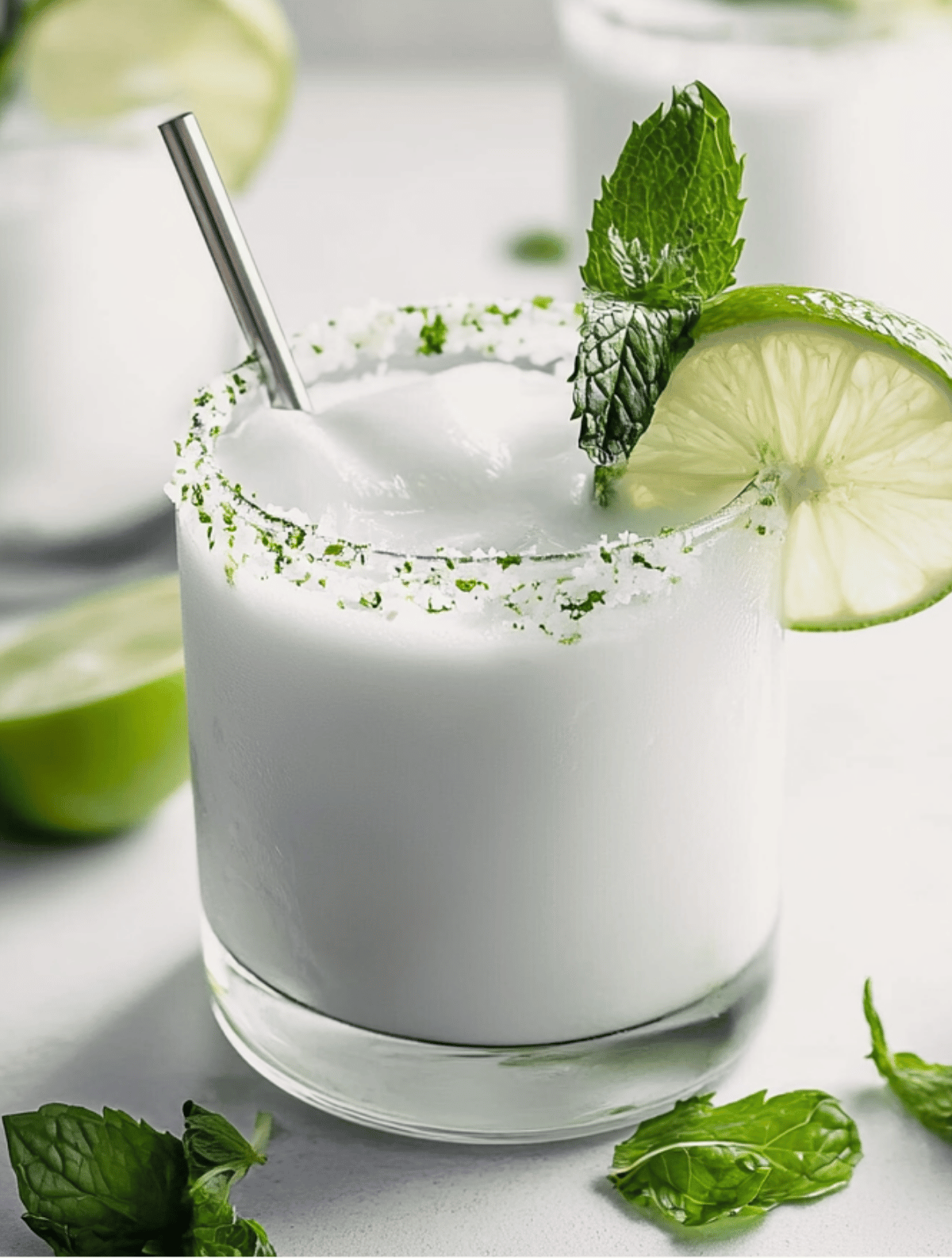 Refreshing Coconut Mojito with Mint and Lime Garnish Coconut Mojito with lime wheel, mint sprig, and sugar-lime rim in a clear glass