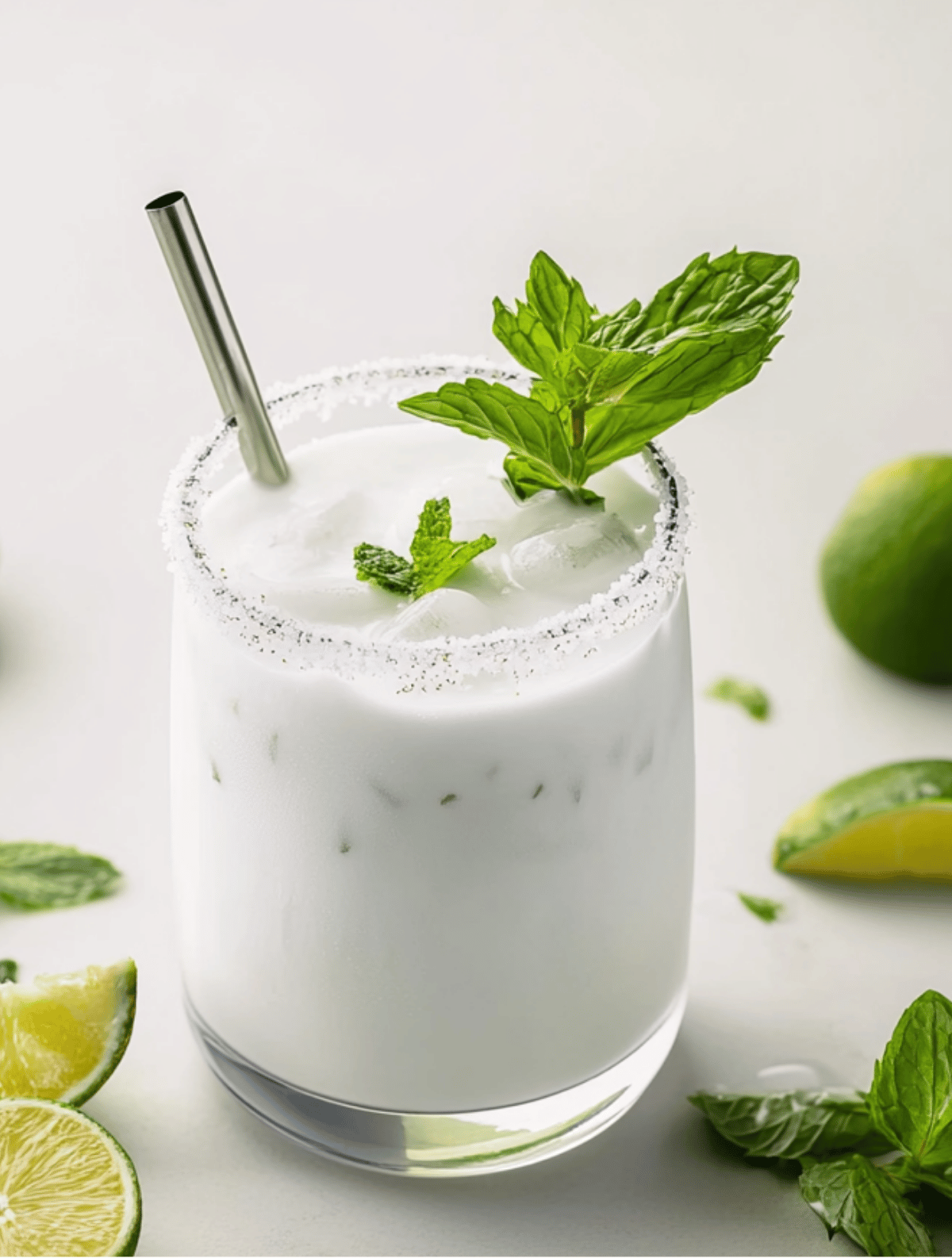 Coconut Mojito Cocktail with Fresh Mint and Ice Creamy Coconut Mojito with mint leaves and salted rim in a chilled glass