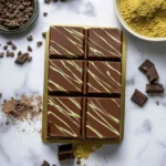 🍫 Dubai Chocolate Bar Recipe: A Mediterranean Sweet You’ll Crave! 2 Six glossy squares of Dubai chocolate bars drizzled with green matcha glaze, surrounded by cocoa powder and chocolate chips.