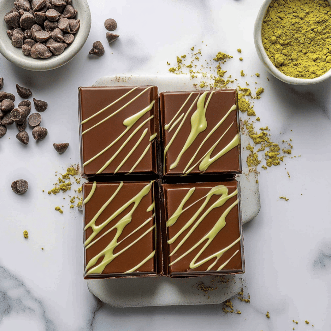 Dubai Chocolate Bar Squares with Matcha Swirl Four thick squares of Dubai chocolate bars decorated with vibrant matcha drizzle on a marble surface.