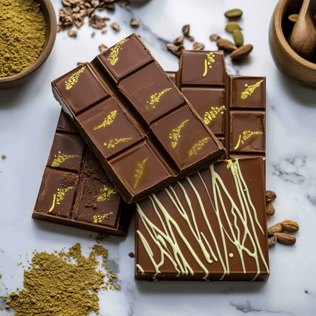 Stacked Dubai Chocolate Bars with Gold Leaf and Matcha Stacked Dubai chocolate bars with gold detailing and matcha drizzles on a marble surface.