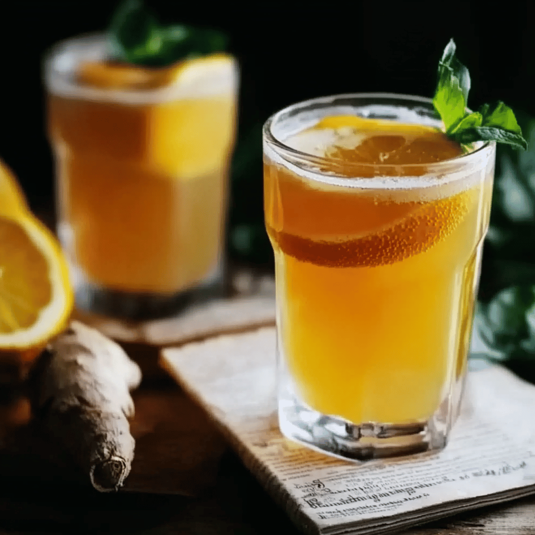Brazilian Natural Mounjaro – Energy & Focus Booster Natural Mounjaro drink with orange slices, ginger root, and mint garnish