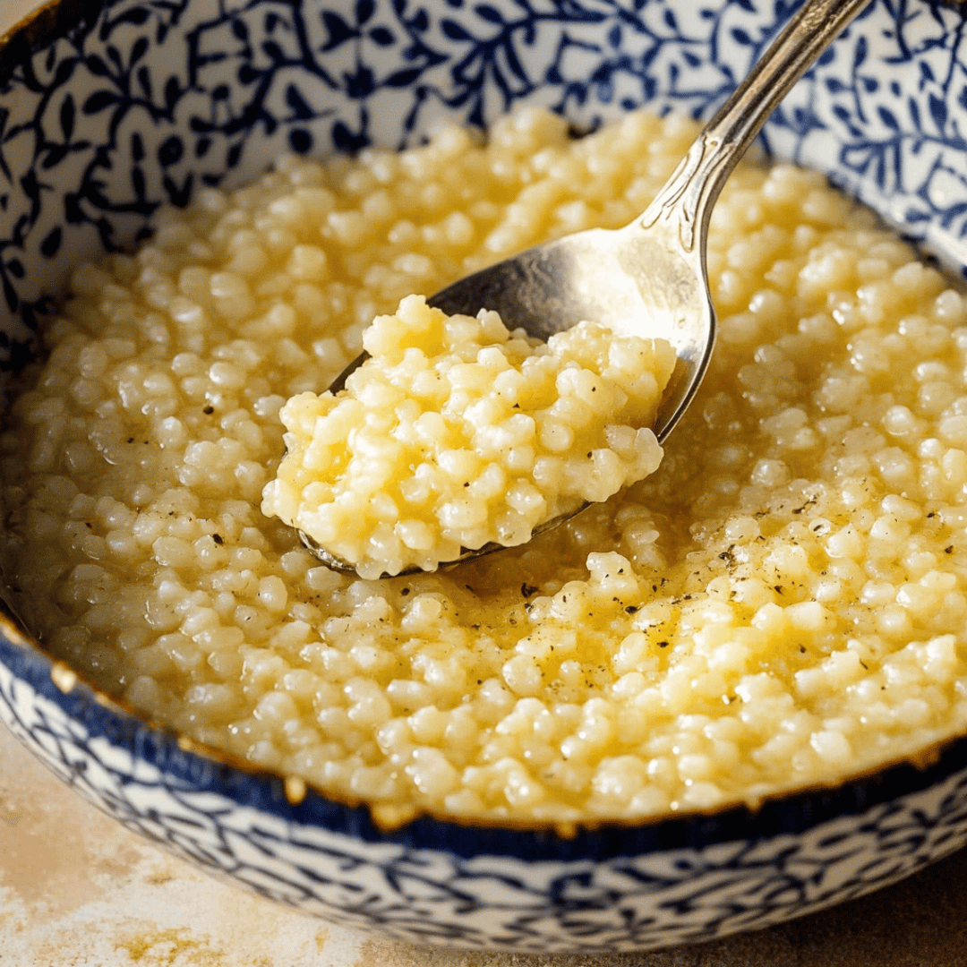 Creamy cooked pastina soup in a decorative blue and white bowl with a spoonful lifted