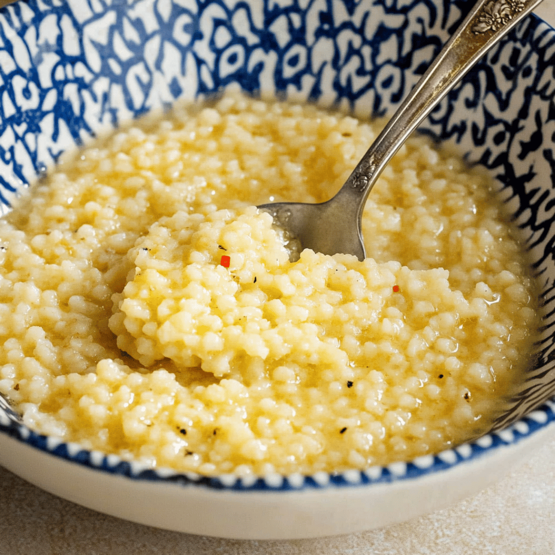 Creamy Pastina Soup with a Hint of Spice Bowl of creamy pastina soup with a spoon and flecks of pepper and chili