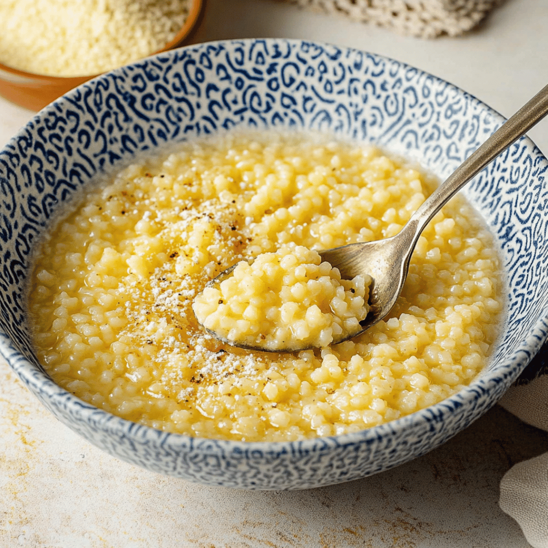 Classic Pastina Soup with Parmesan and Pepper A spoonful of creamy pastina soup topped with grated Parmesan and black pepper in a patterned bowl