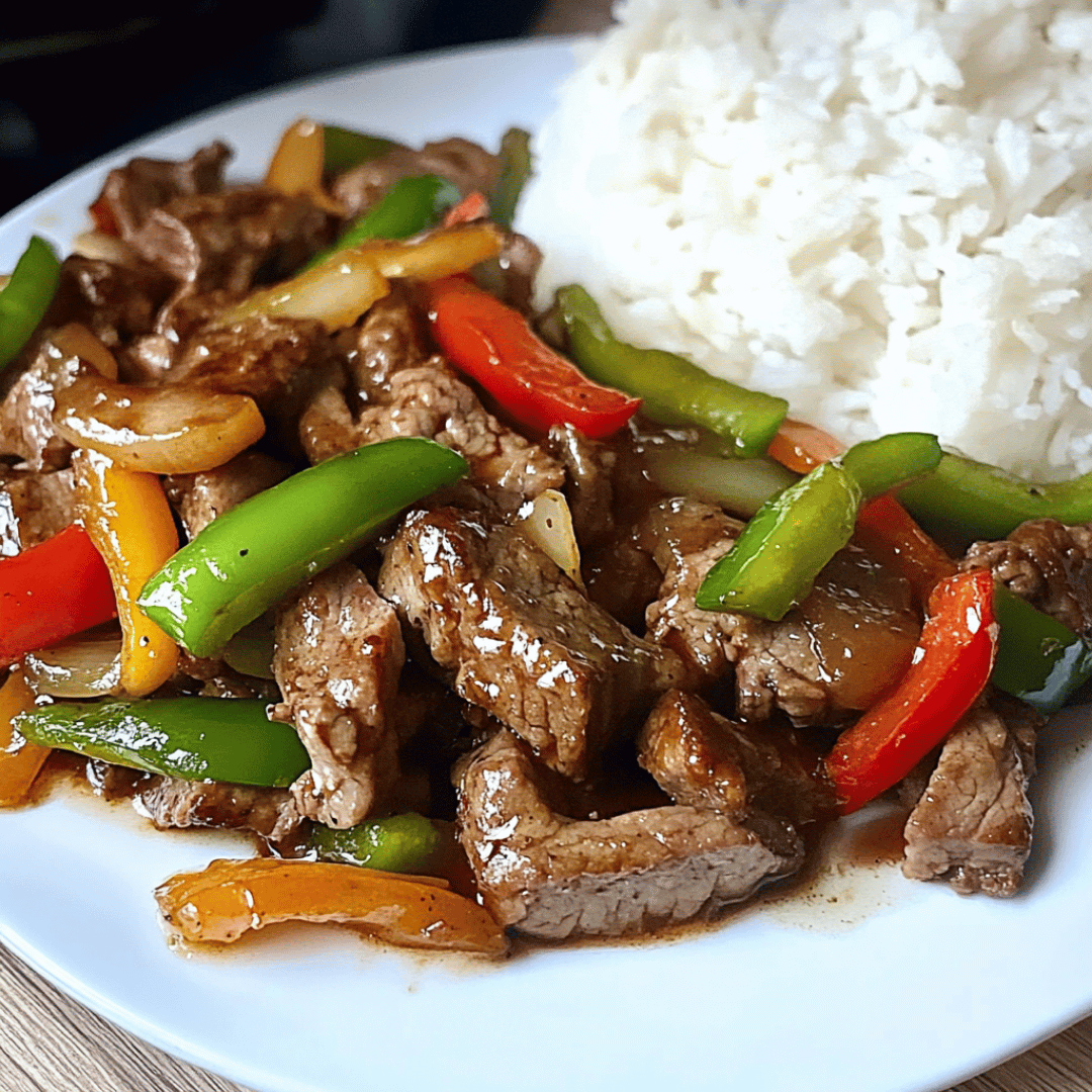 Close-up of pepper steak stir-fry with colorful bell peppers and white rice on a plate