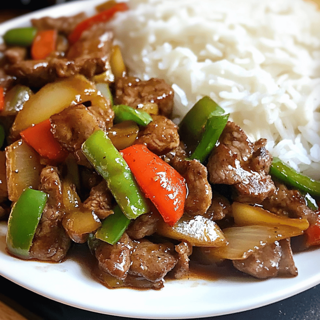 Pepper Steak with Bell Peppers and Onions Pepper steak with red and green bell peppers and onions served with white rice on a plate