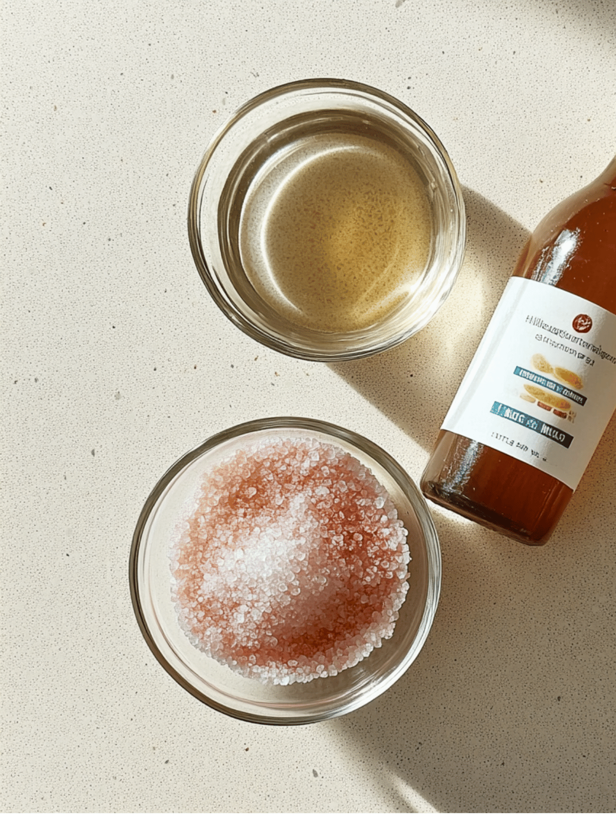 Pink Salt Recipe Ingredients – Top View Ingredients for pink salt recipe including pink salt, ACV, and filtered water