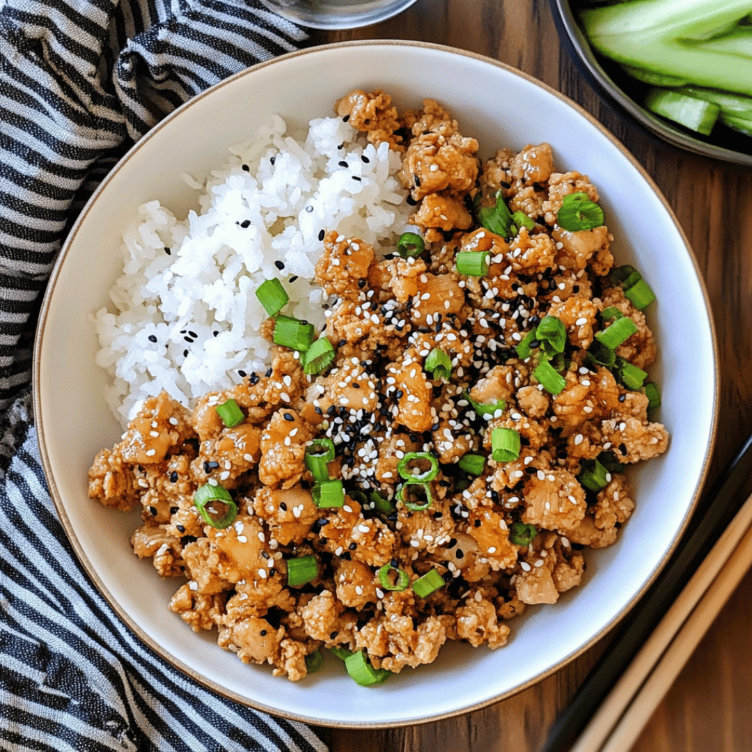 Sesame Ground Chicken Bowl with Steamed Rice Sesame ground chicken served with white rice and green onions in a white bowl