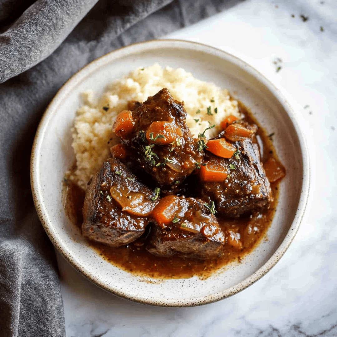 Braised short ribs served over creamy mashed potatoes with carrots and herbs