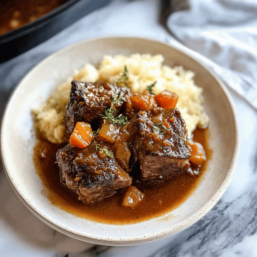 Red Wine Braised Short Ribs with Creamy Mashed Potatoes Braised beef short ribs in red wine sauce with carrots and mashed potatoes on a ceramic plate