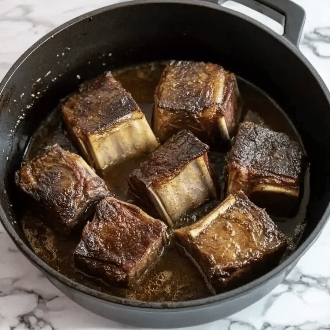 Searing Beef Short Ribs for Braising Seared beef short ribs in a Dutch oven ready for braising