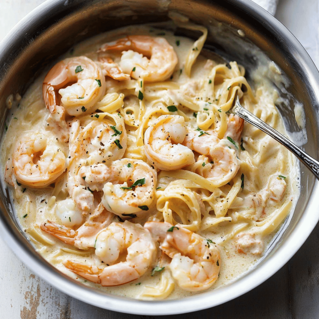 Creamy Shrimp Alfredo pasta in a skillet with fettuccine and fresh herbs