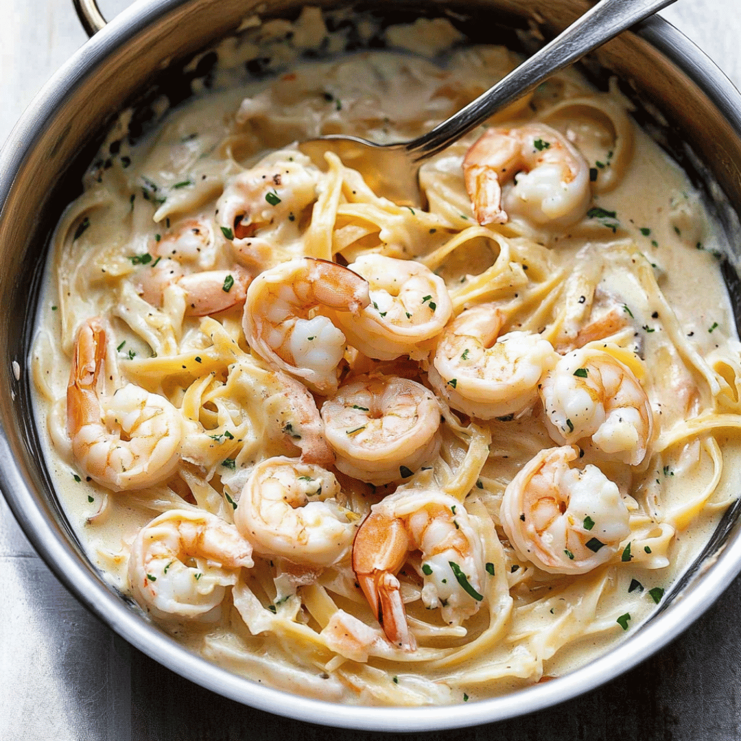 Homemade Shrimp Alfredo Pasta in Creamy White Sauce Fettuccine Alfredo with shrimp in a creamy garlic Parmesan sauce