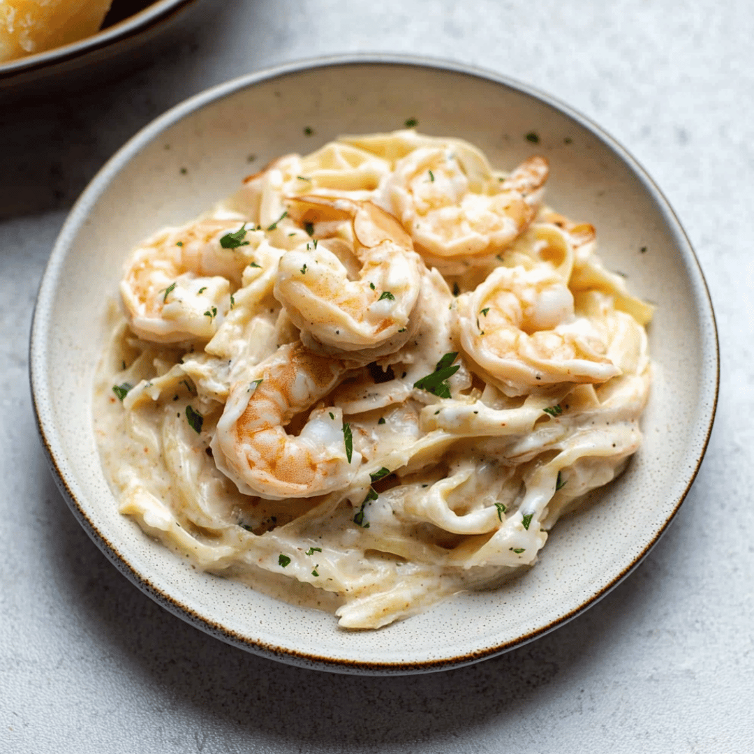 Shrimp Alfredo Fettuccine Served on a Plate Plate of creamy shrimp Alfredo pasta garnished with parsley