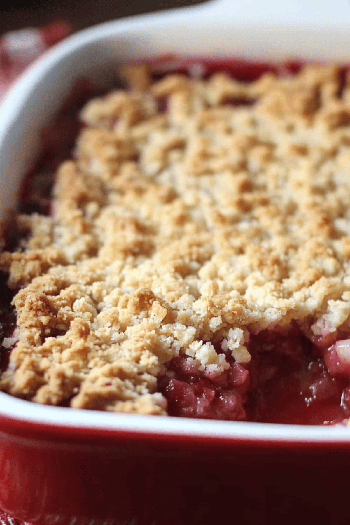 Golden-Baked Strawberry Rhubarb Crumble in Red Dish Homemade strawberry rhubarb crumble in a red baking dish with golden crust