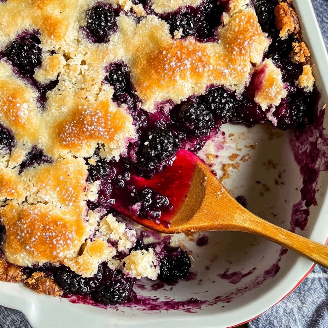Blackberry Cobbler Half Served Half-eaten blackberry cobbler with juicy filling
