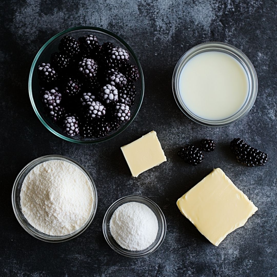 Ingredients for Blackberry Cobbler Flat lay of blackberry cobbler ingredients on black surface