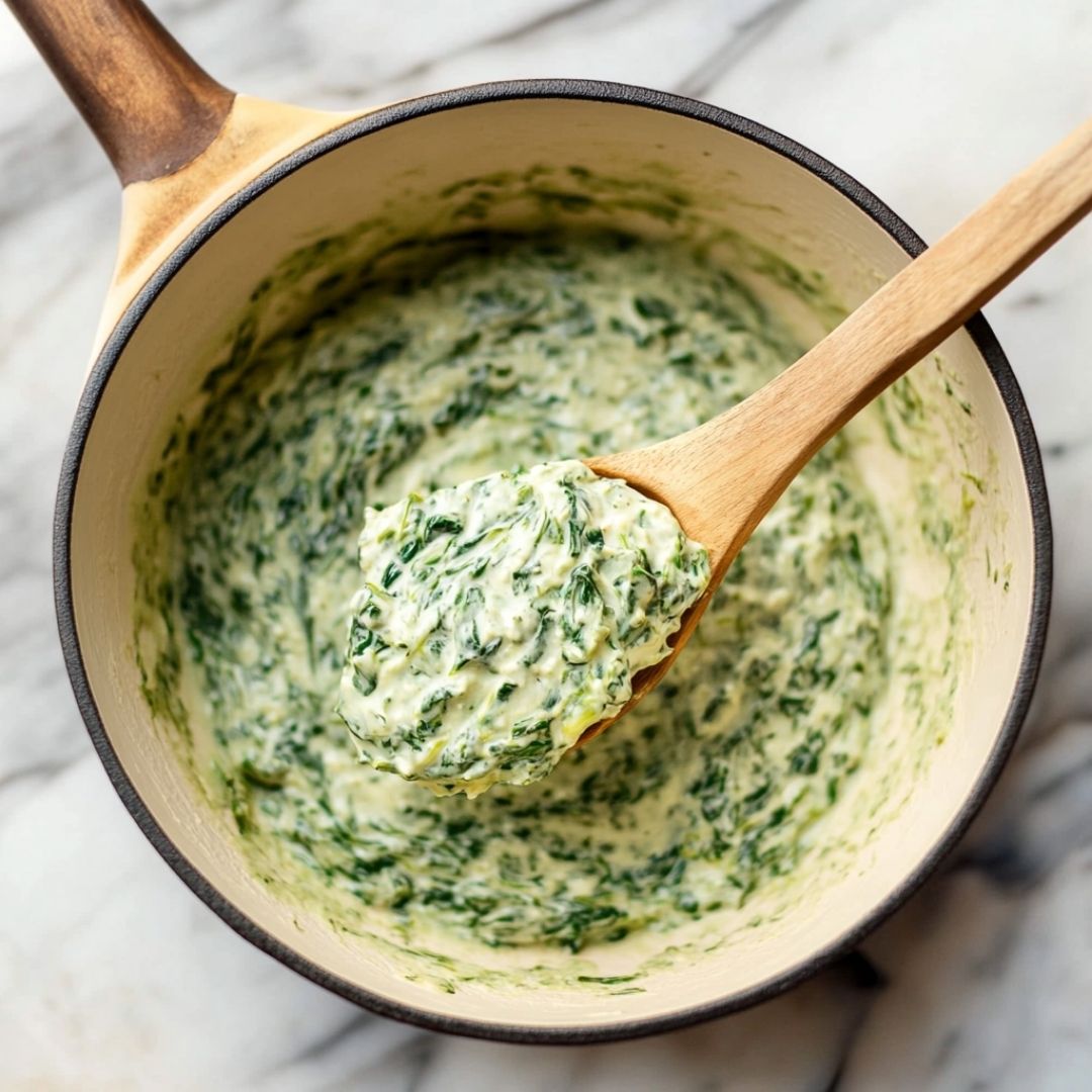 Serving Creamed Spinach from Pot Spoonful of creamed spinach from pot
