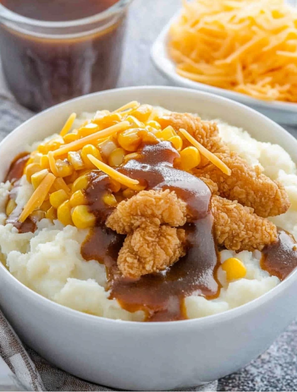 Copycat KFC Bowl Recipe with Chicken Strips and Gravy KFC-style mashed potato bowl topped with chicken tenders, corn, gravy, and cheese