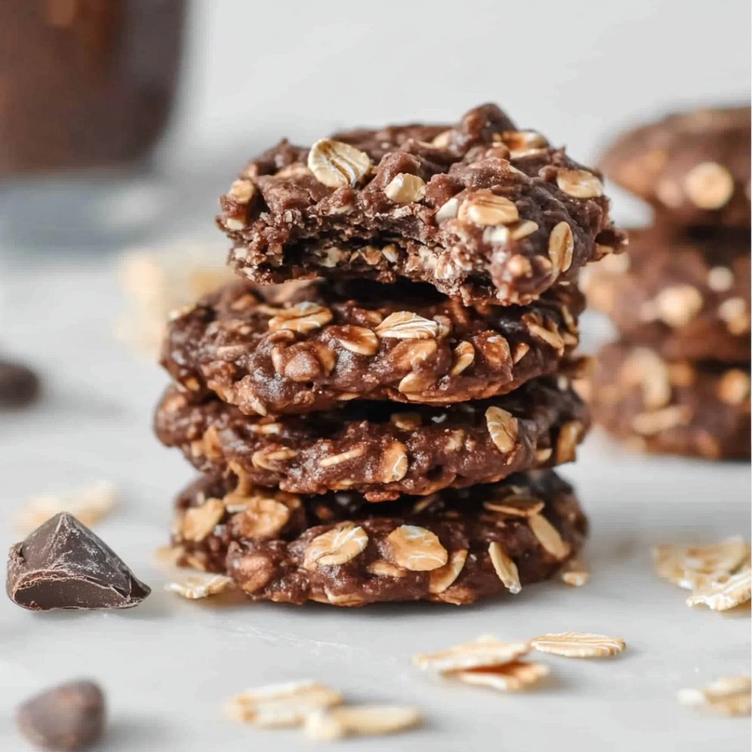 Healthy No Bake Protein Cookies – Chocolate Flavor Chewy no bake protein cookies stacked with oats and chocolate chunks