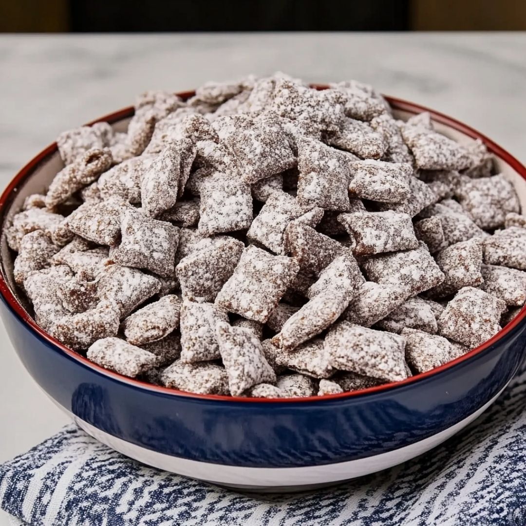 puppy-chow-recipe-image-2 Puppy chow mix in blue-rimmed bowl on marble background