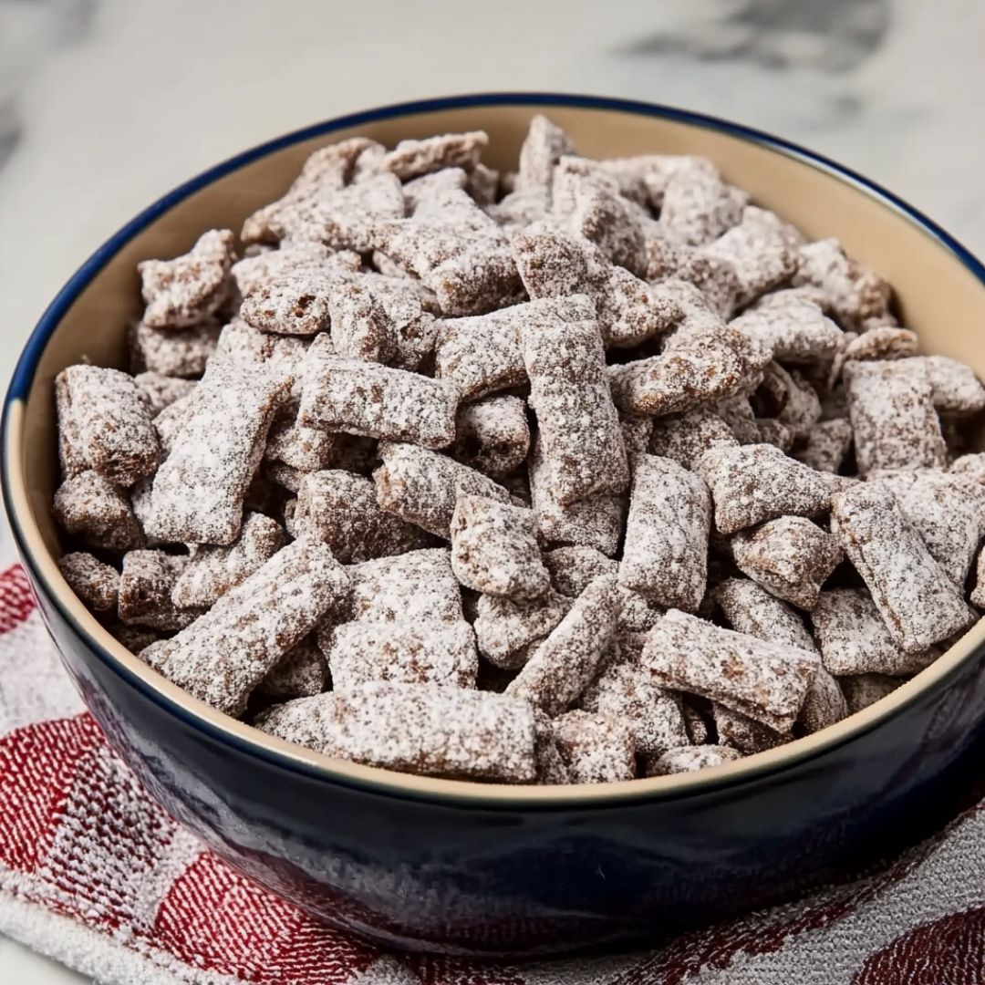 puppy-chow-recipe-image-4 Puppy chow in white bowl with red rim on checkered towel