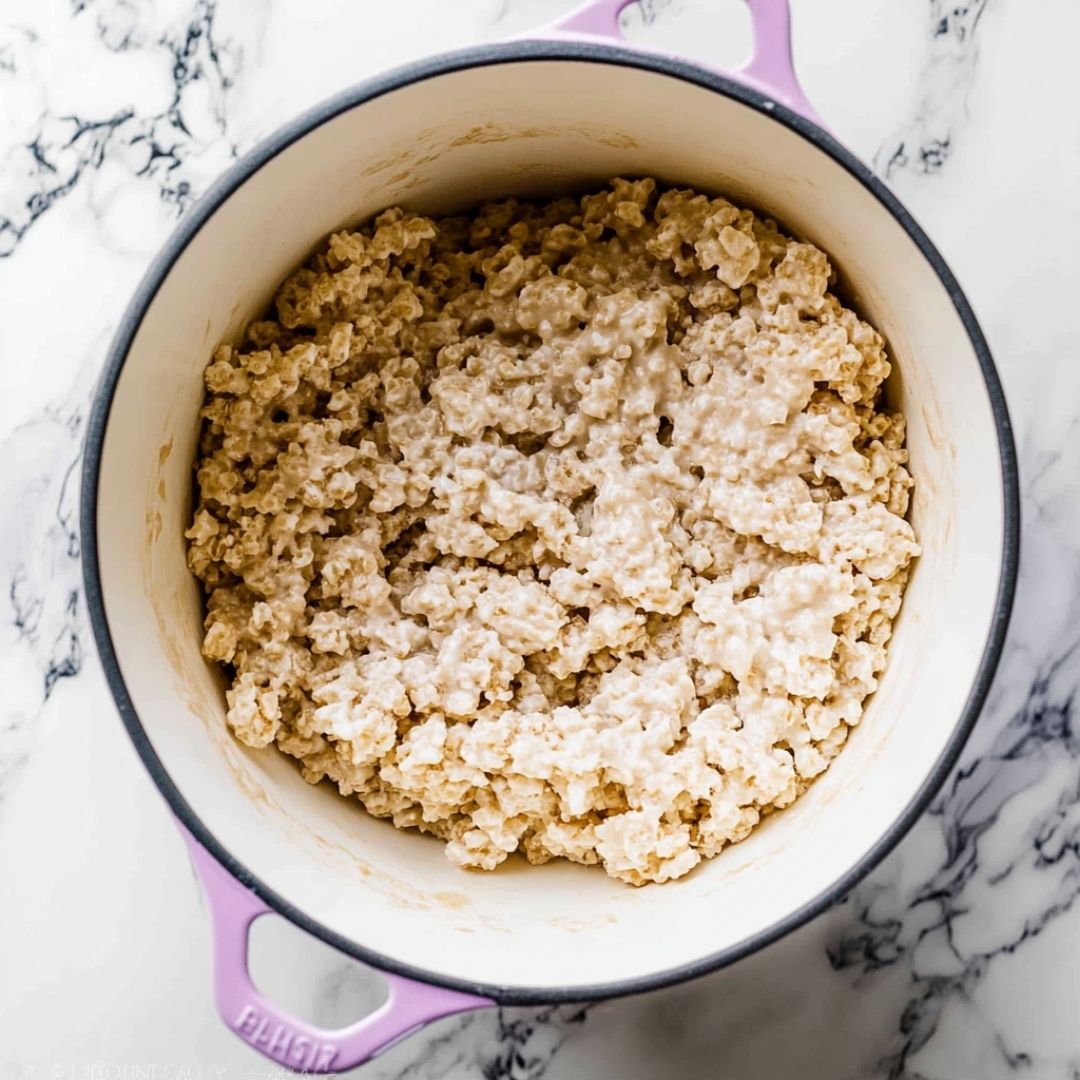 Stirring Marshmallow Mix for Rice Krispie Treats melted marshmallow rice krispie mixture in pot