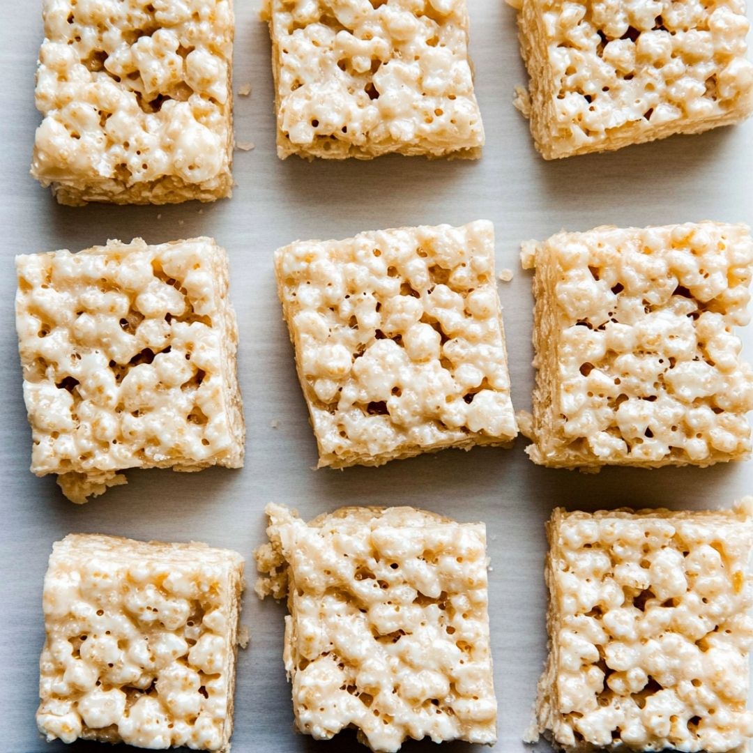 Cut Squares of Classic Rice Krispie Treats rice krispie treat recipe squares cut and ready