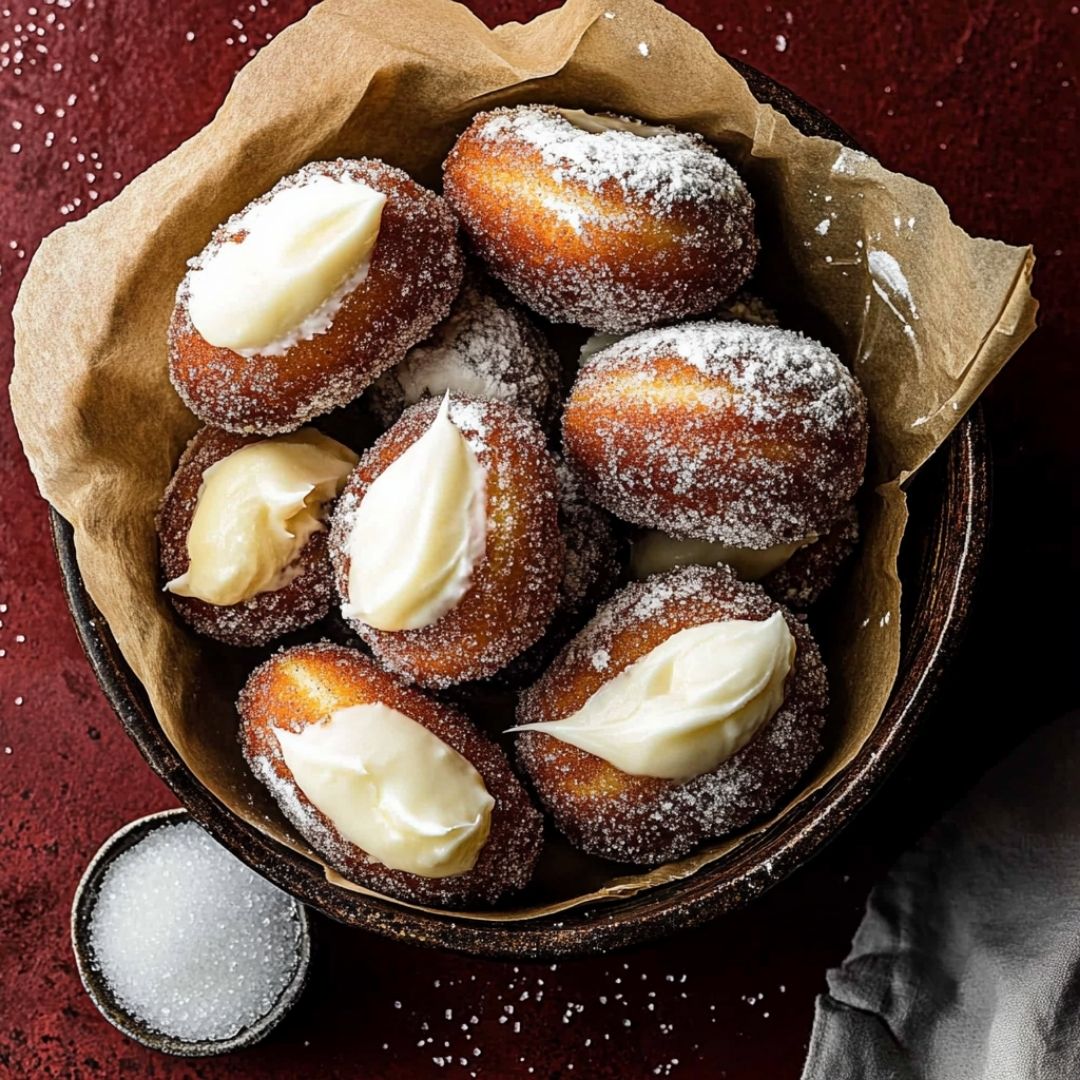 Heaped bowl of Bavarian cream donuts with powdered sugar topping Bowl of Bavarian cream-filled sugar donuts