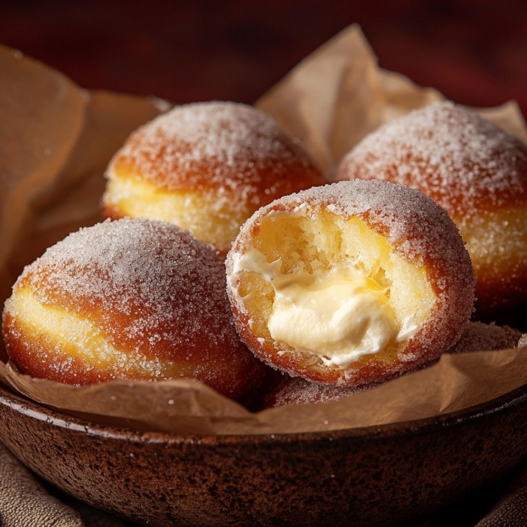 Inside view of Bavarian cream donut with custard center Bavarian cream donut with bite revealing creamy filling