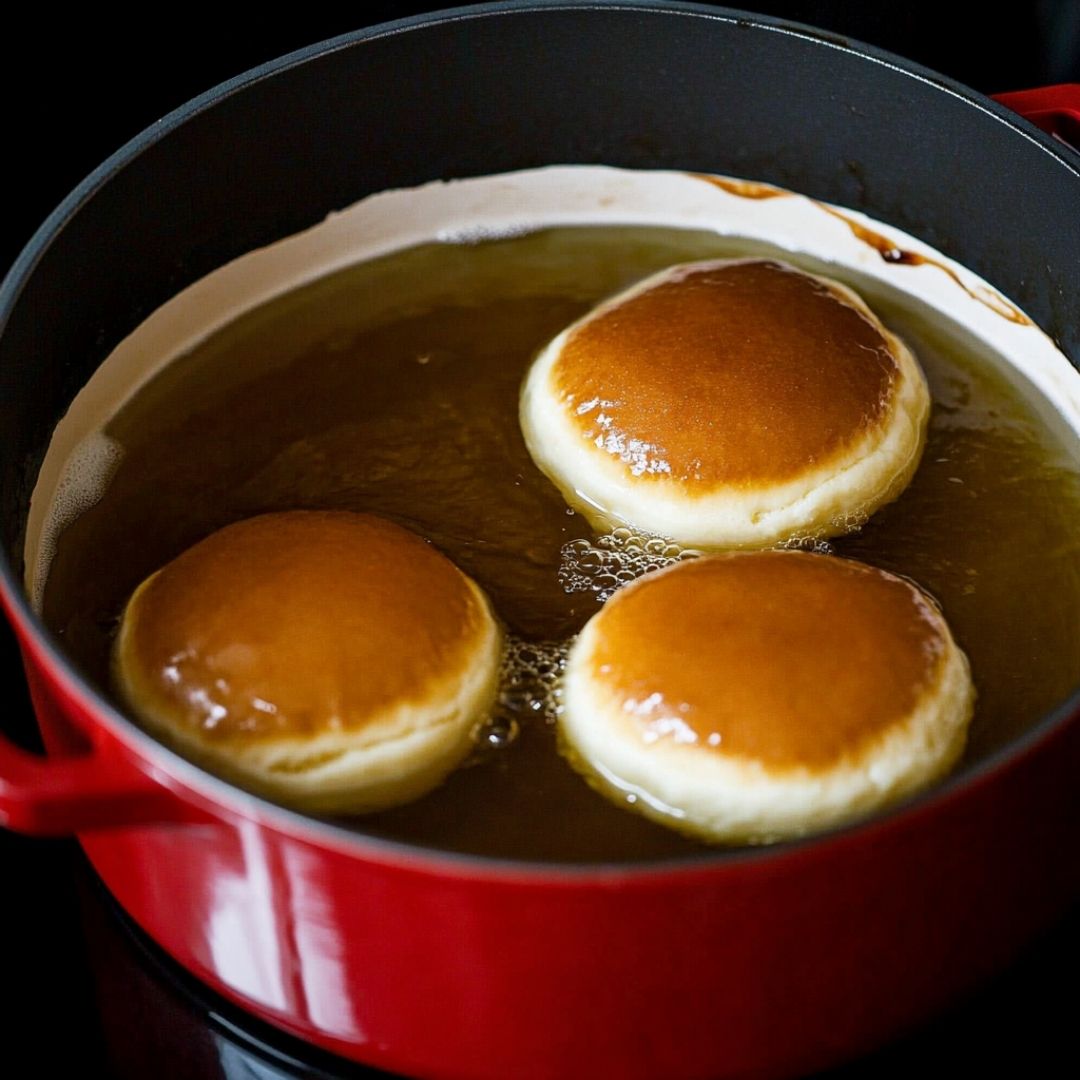 Frying Bavarian cream donuts to golden brown perfection Donuts frying in oil during preparation