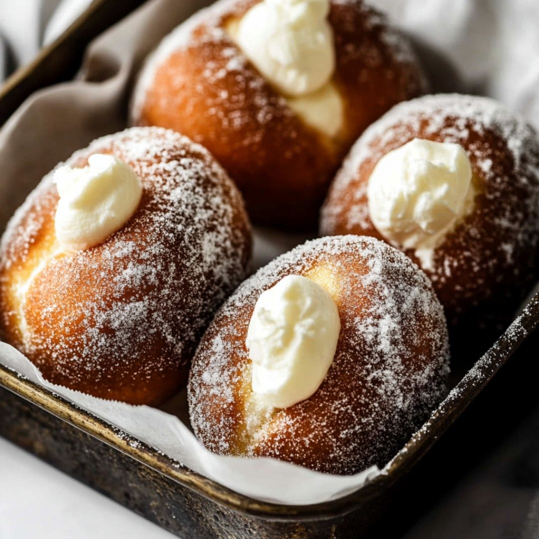 Homemade Bavarian cream donuts dusted with powdered sugar Fresh Bavarian cream donuts filled with vanilla custard and coated in sugar