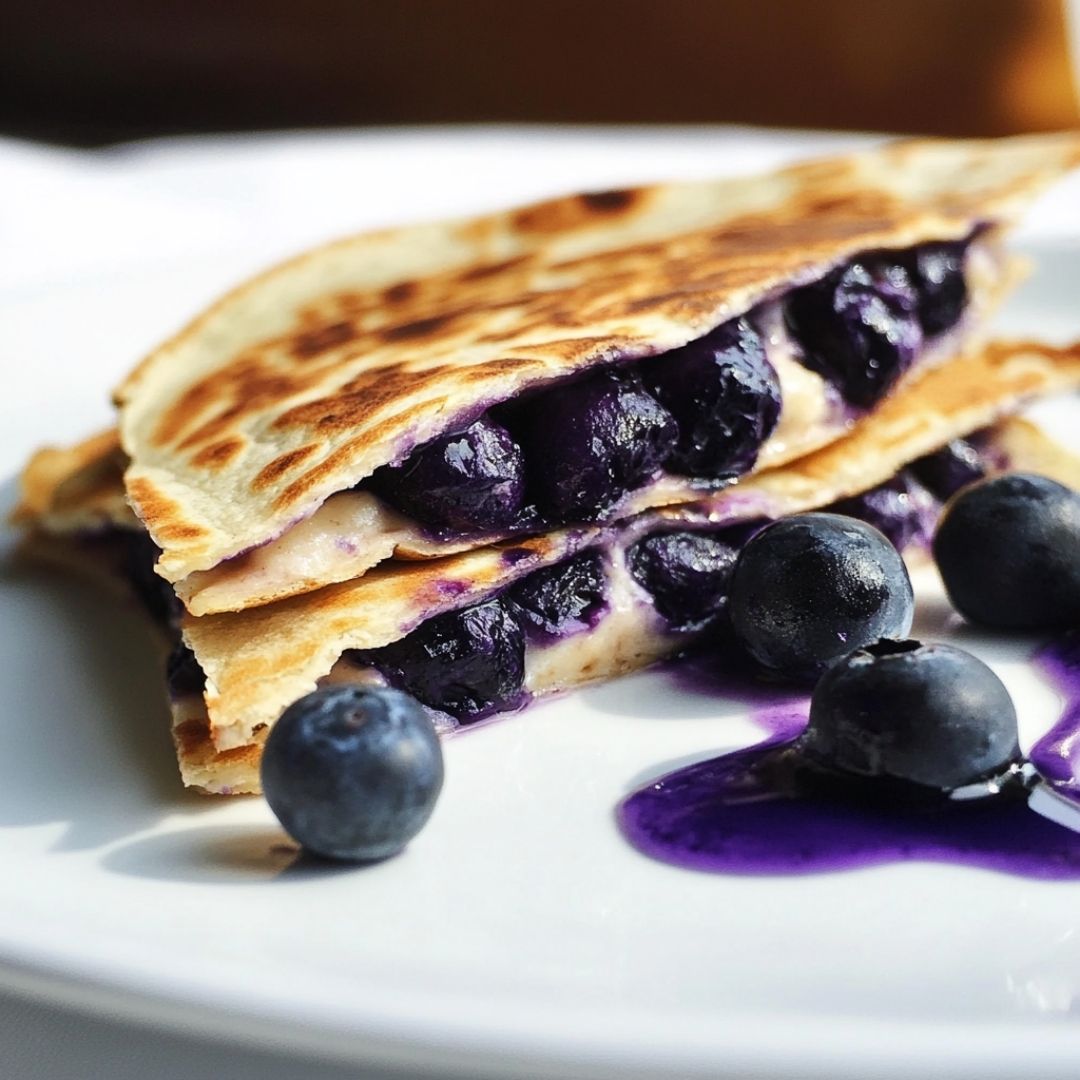 Blueberry Quesadilla with Cream Cheese and Syrup Sliced blueberry quesadilla with fresh blueberries and syrup